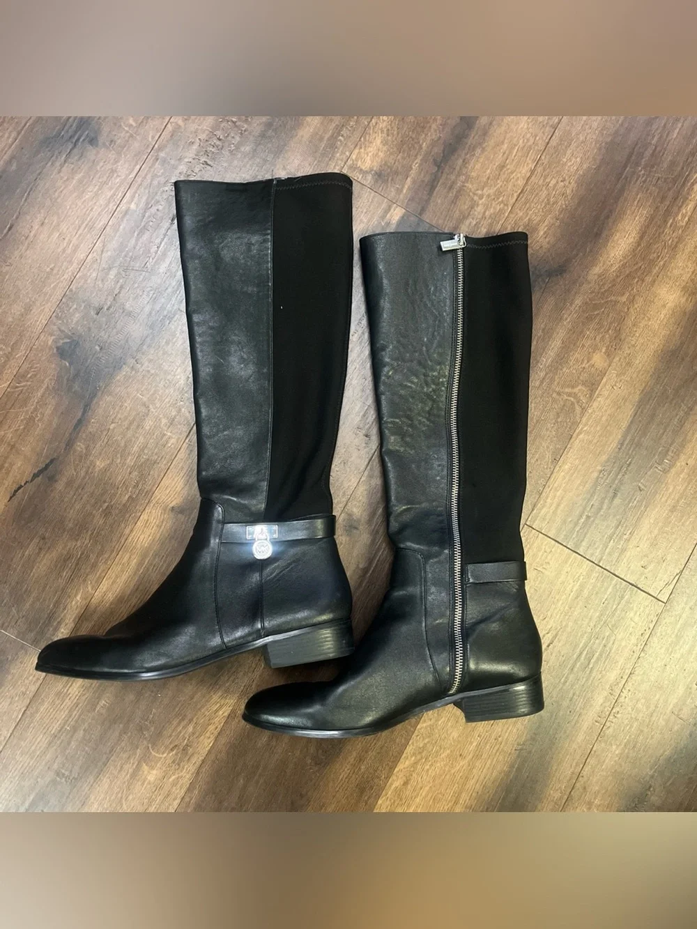 Michael Kors Bromley Boots Womens 10M Black Leather Riding Knee High Stretch